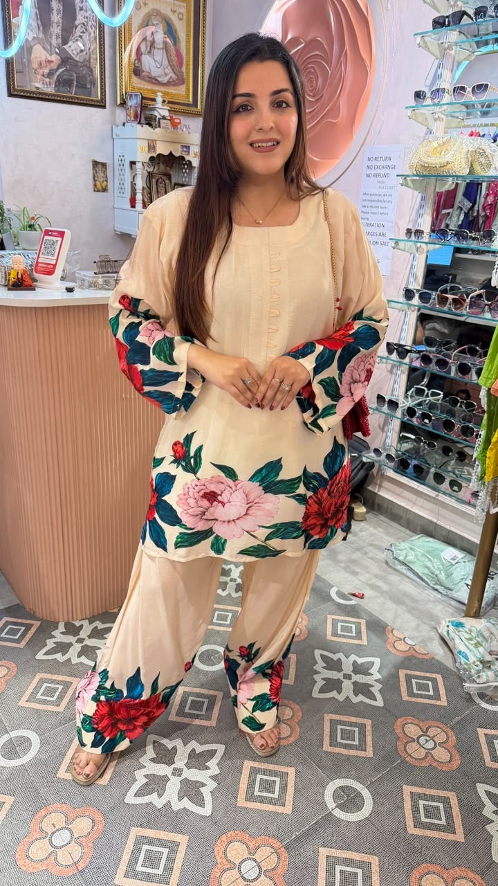 Ivory Floral Printed Kurta with Palazzo Pants
