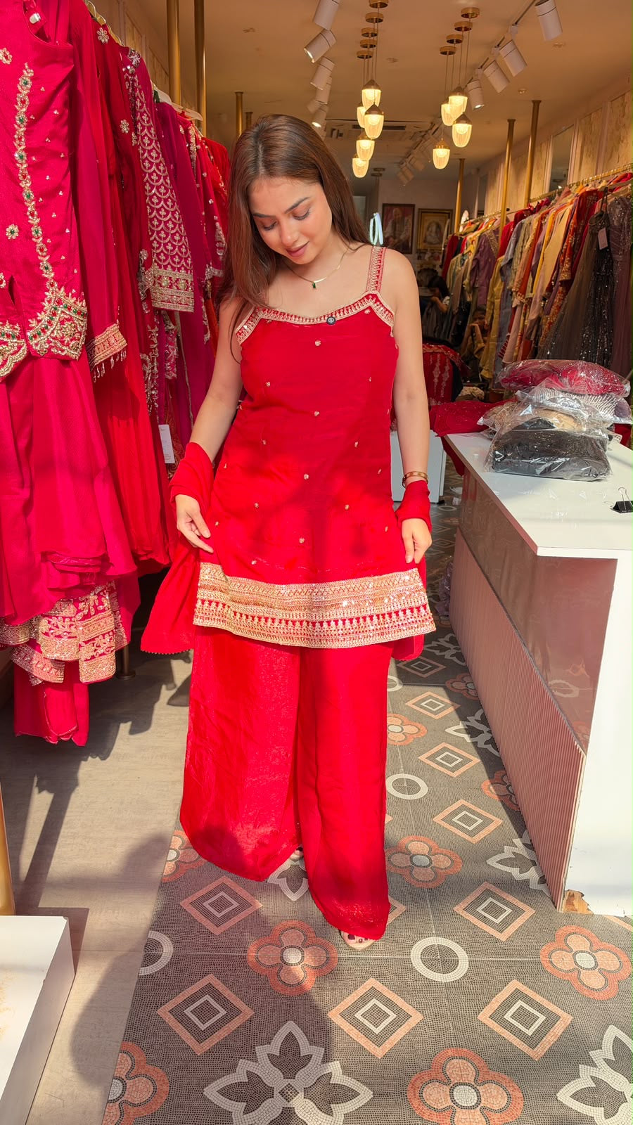 Red Punjabi Sleeveless Kurti with Palazzo suit