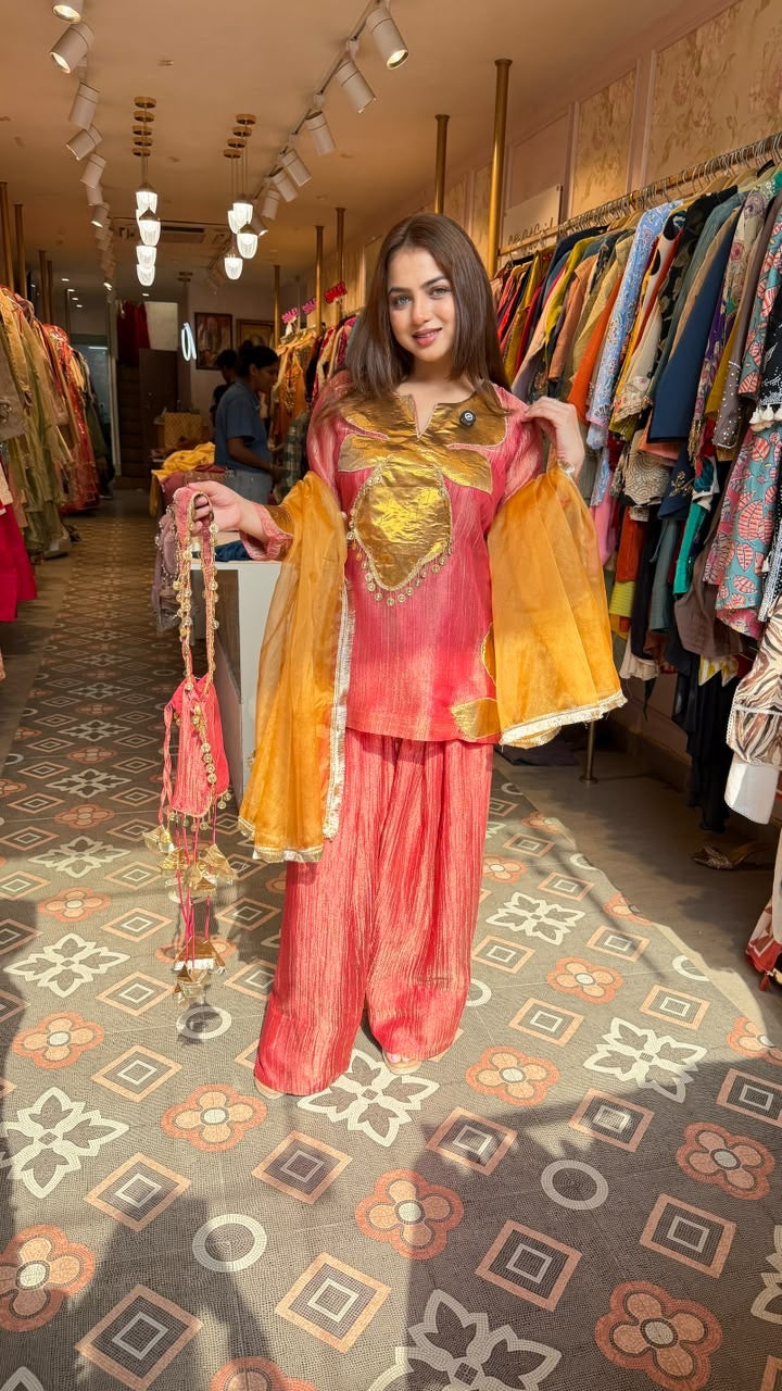 Peplum Kurta with Flared Pants & Organza Dupatta Set