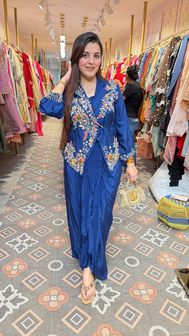 Indigo Blue Embroidered Angrakha-Style Kurta Set