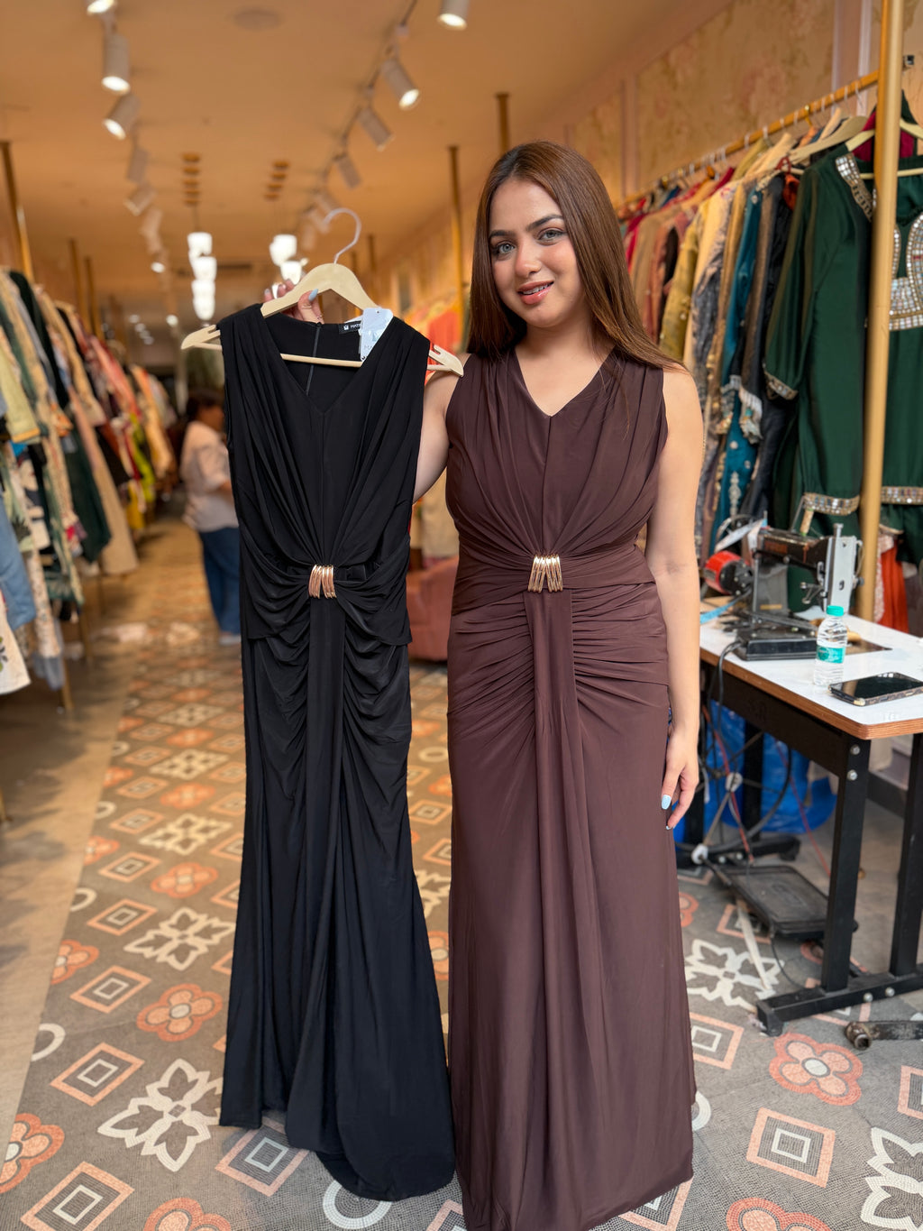 Midnight Mocha Ruched Evening Gown