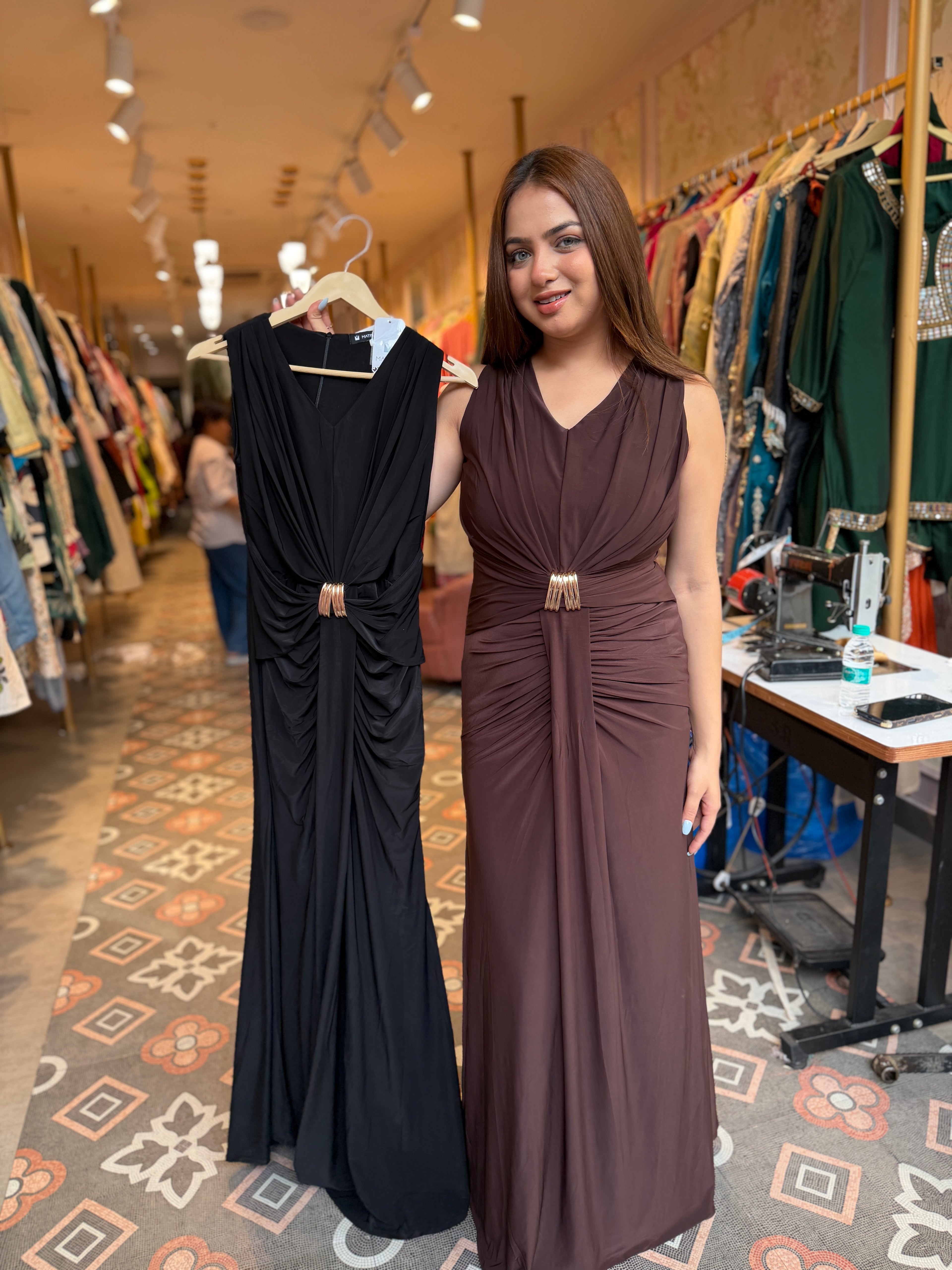 Midnight Mocha Ruched Evening Gown