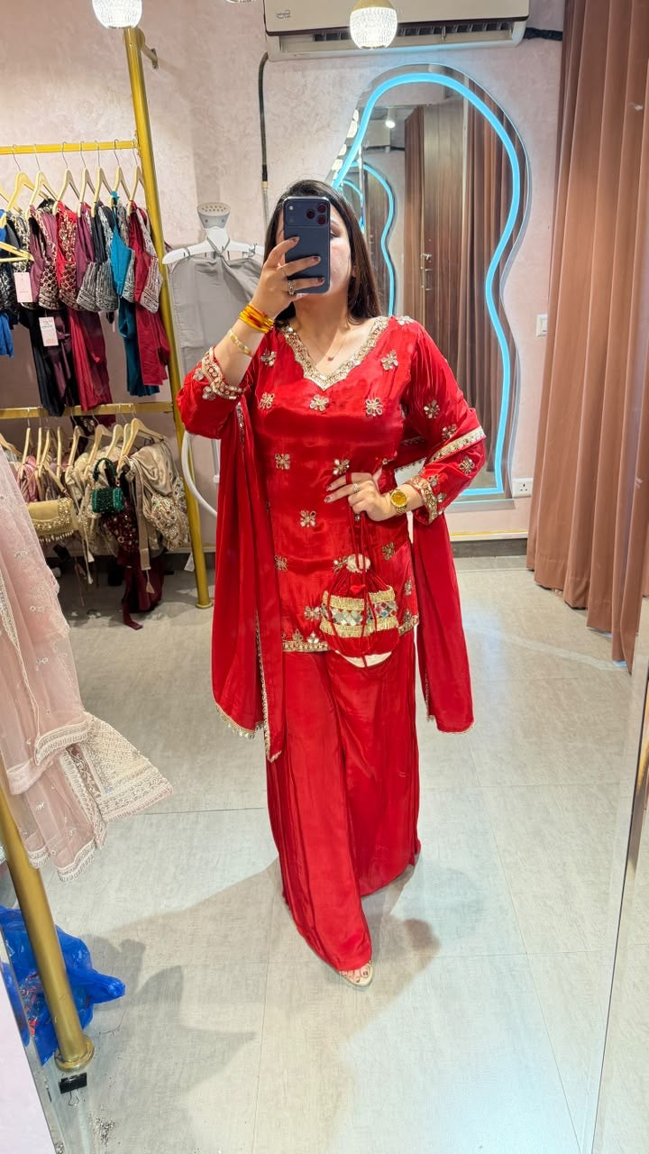 Red Embroidered Straight Kurta with Palazzo Pants & Dupatta Set