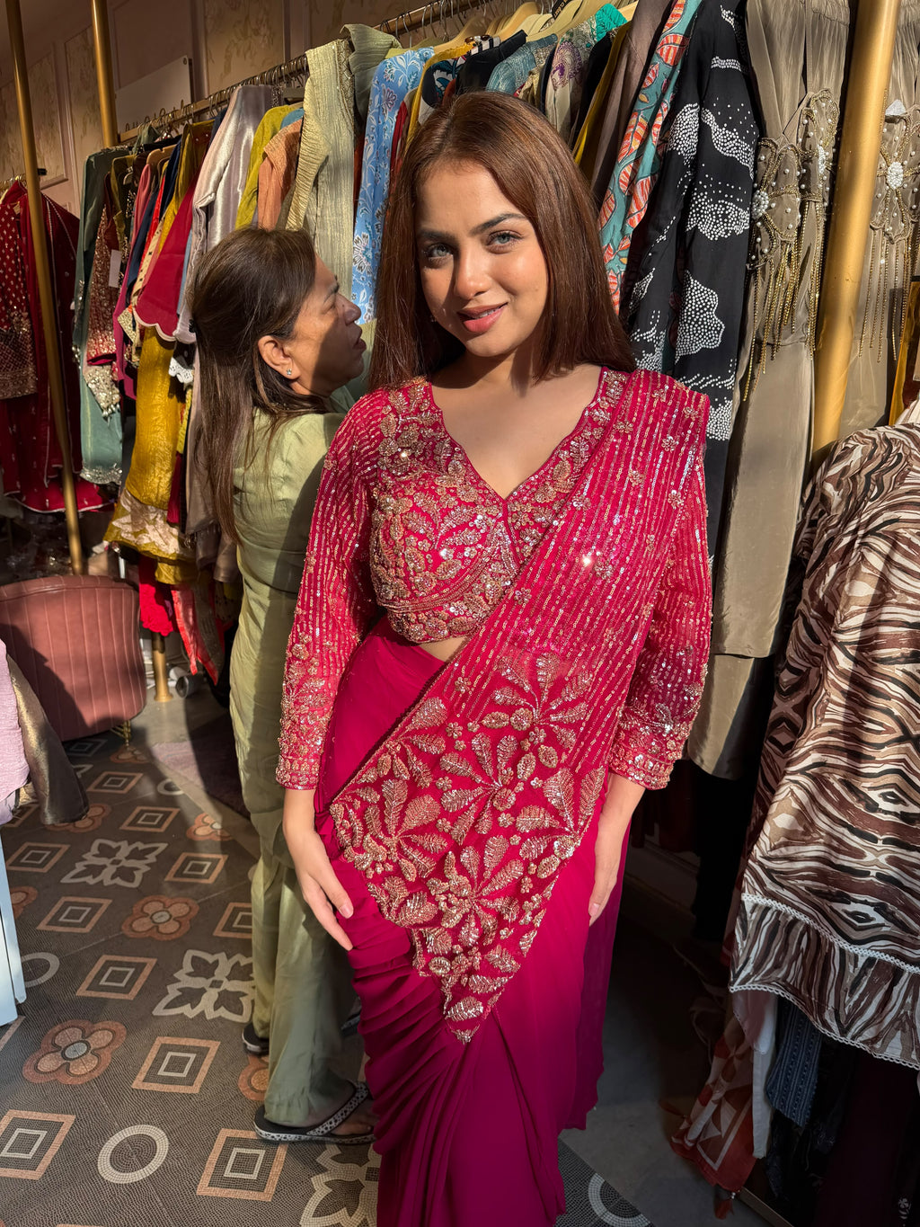 Fuchsia Pink Pre-Draped Saree with Embroidered Blouse