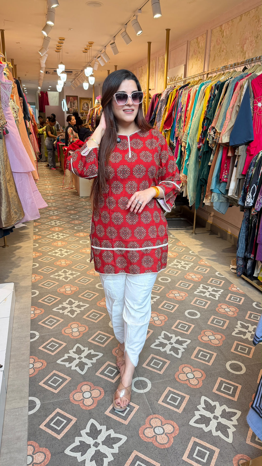 Maroon Printed Straight Kurta with White Pants