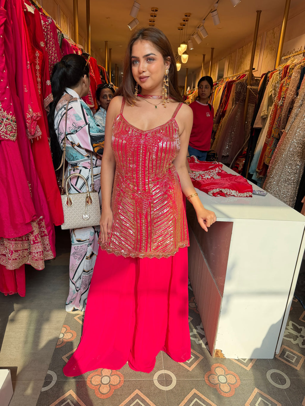 Rose Gold Embroidered Peplum Top with Palazzo Set