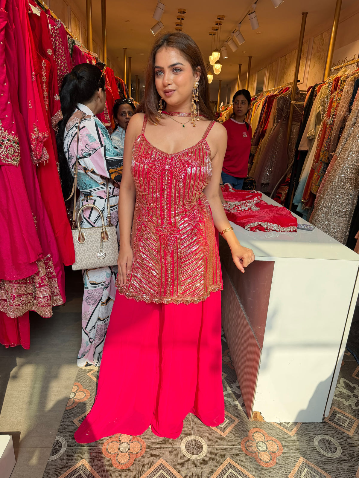Rose Gold Embroidered Peplum Top with Palazzo Set