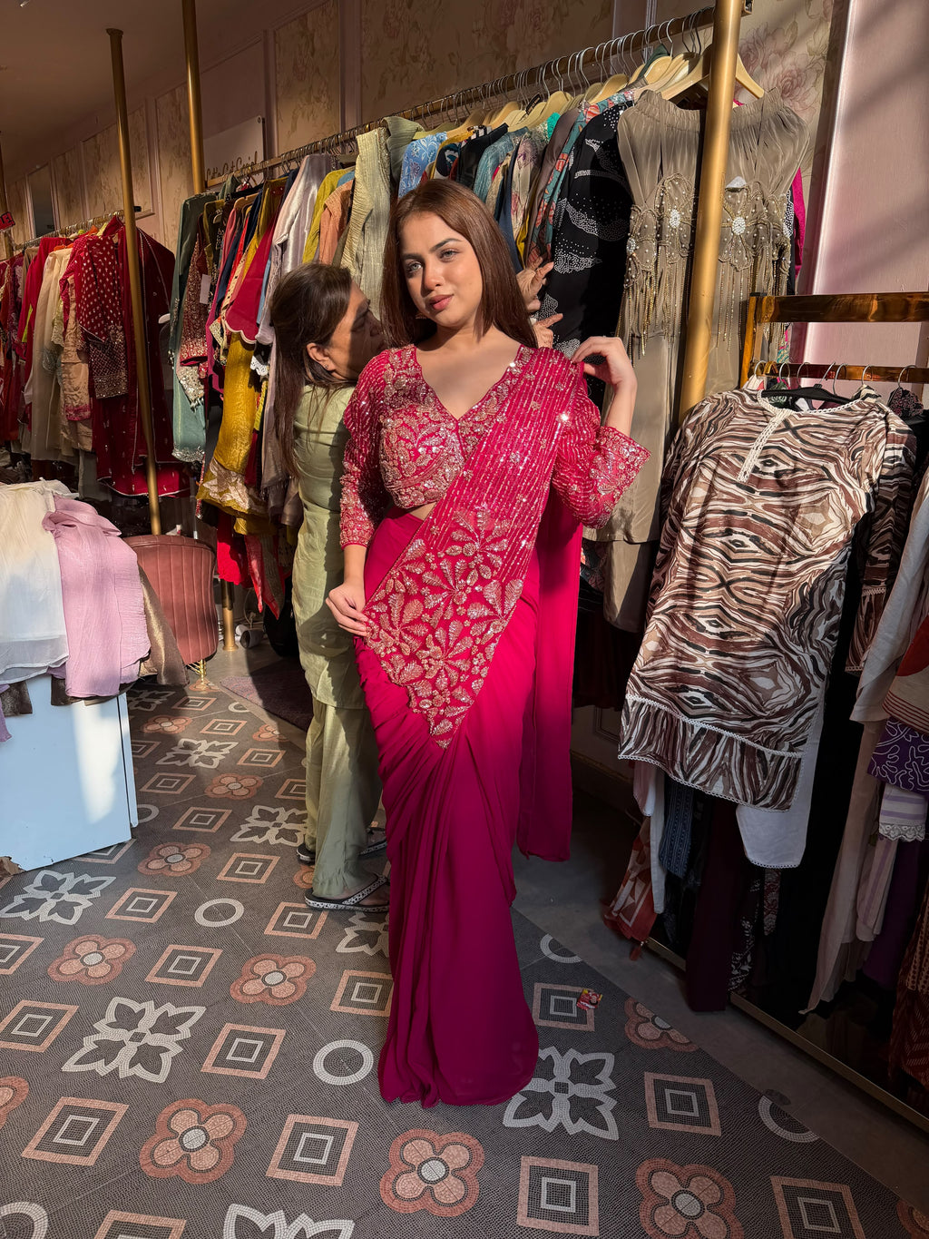 Fuchsia Pink Pre-Draped Saree with Embroidered Blouse