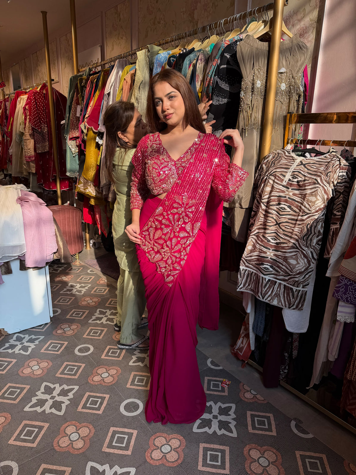 Fuchsia Pink Pre-Draped Saree with Embroidered Blouse