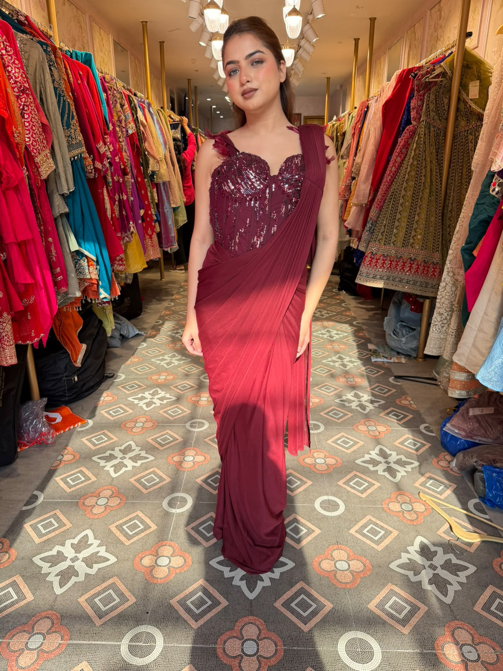 Glamorous Wine Draped Saree Gown with Embellished Corset Blouse
