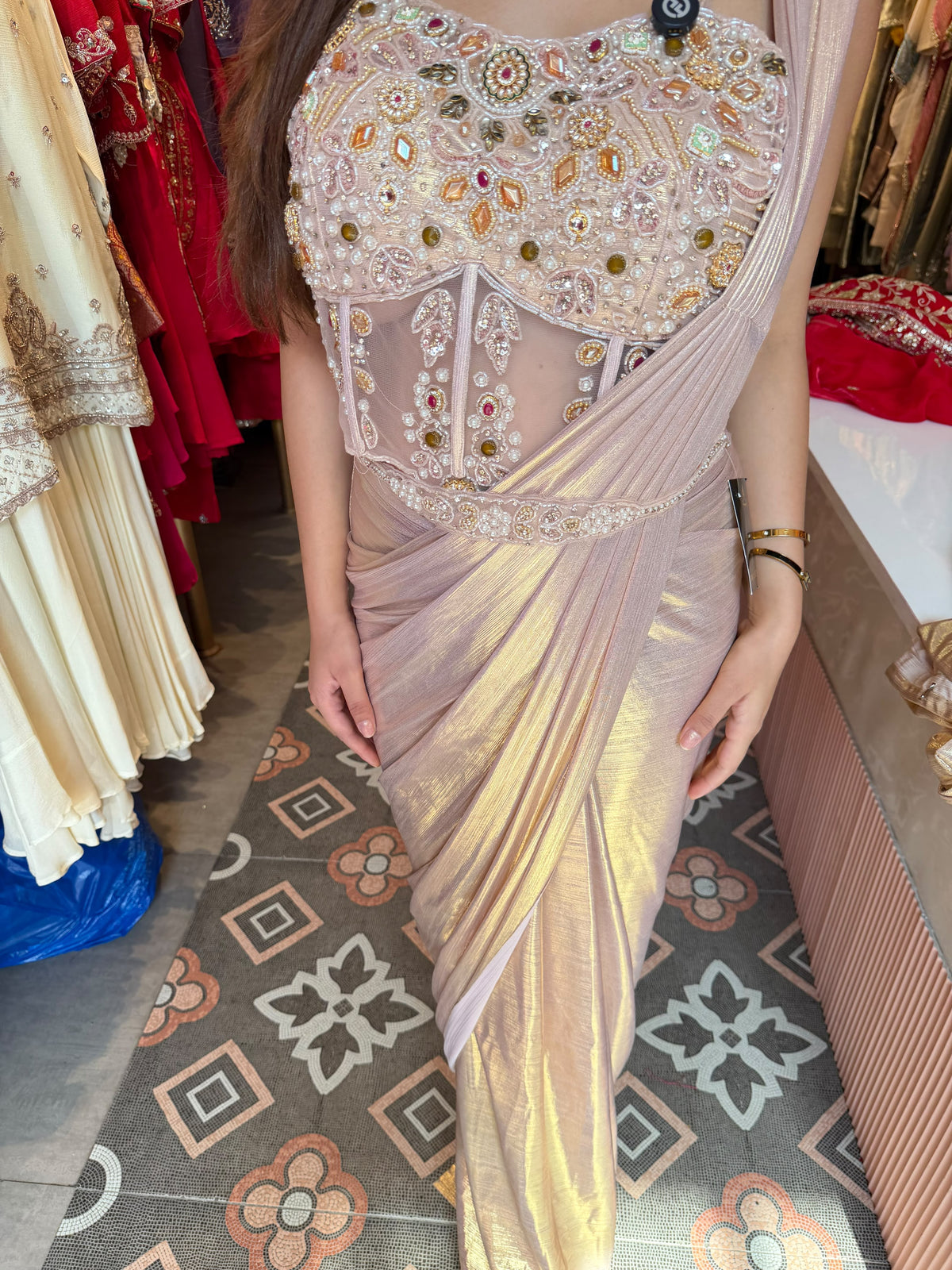 Gold Pre-Draped Saree with Embellished blouse