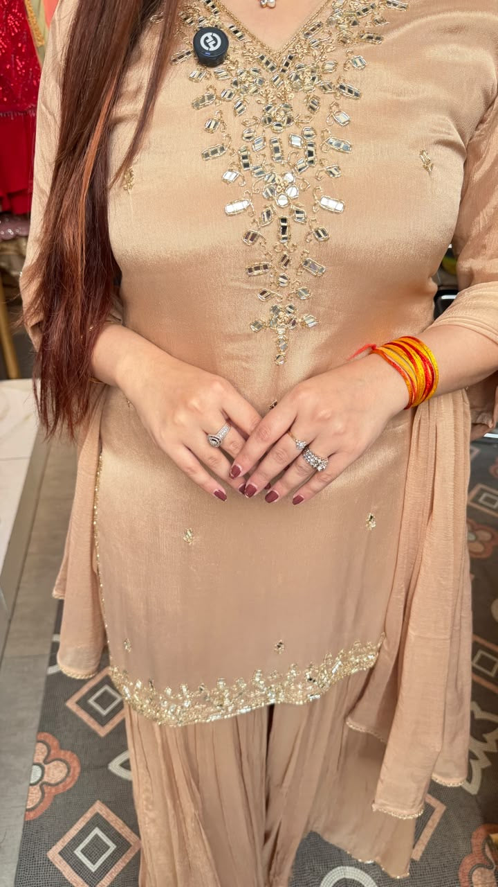 Champagne Beige Embroidered Sharara Set