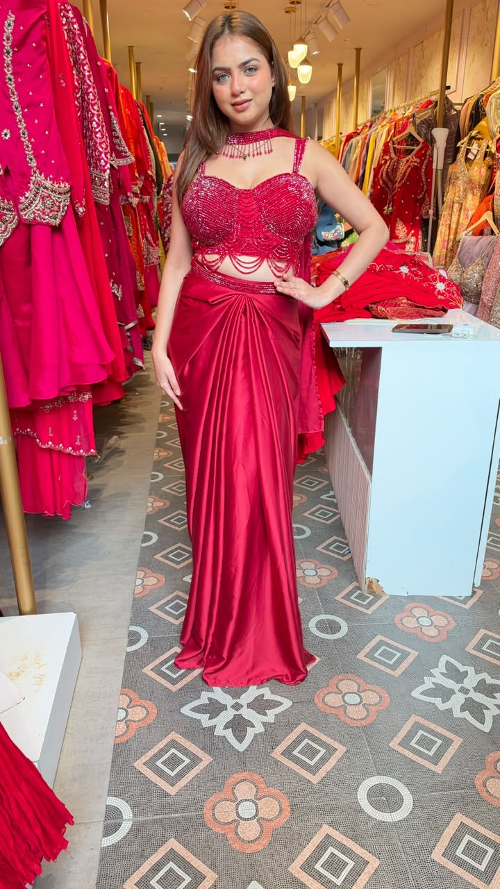 Designer Satin Drape Skirt with Beaded Cutwork Blouse