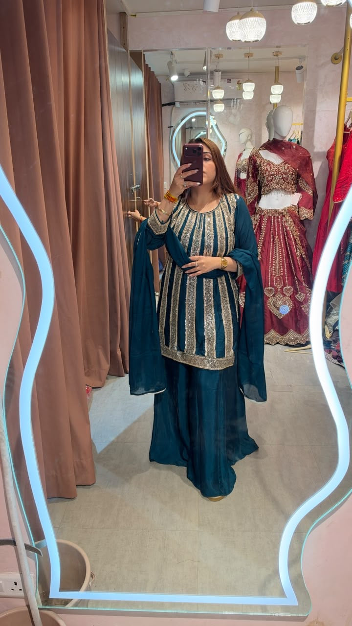 Gold Work Embroidered Kurti with Sharara and Dupatta