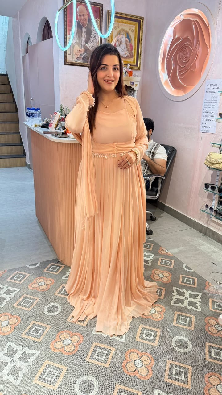 Peach Georgette Pleated Gown-Style Suit