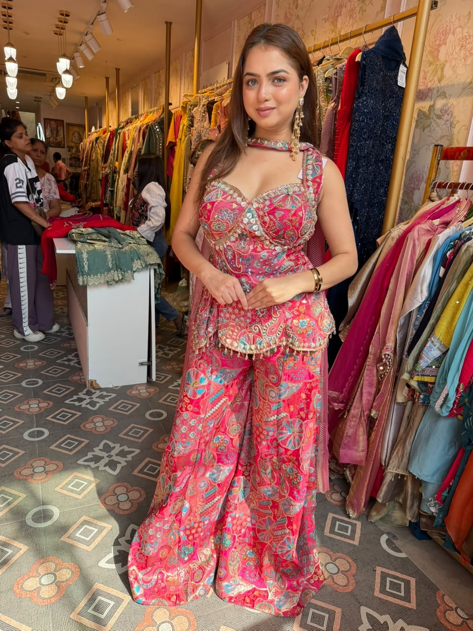 Embroidered Peplum Palazzo Co-ord Set with Dupatta