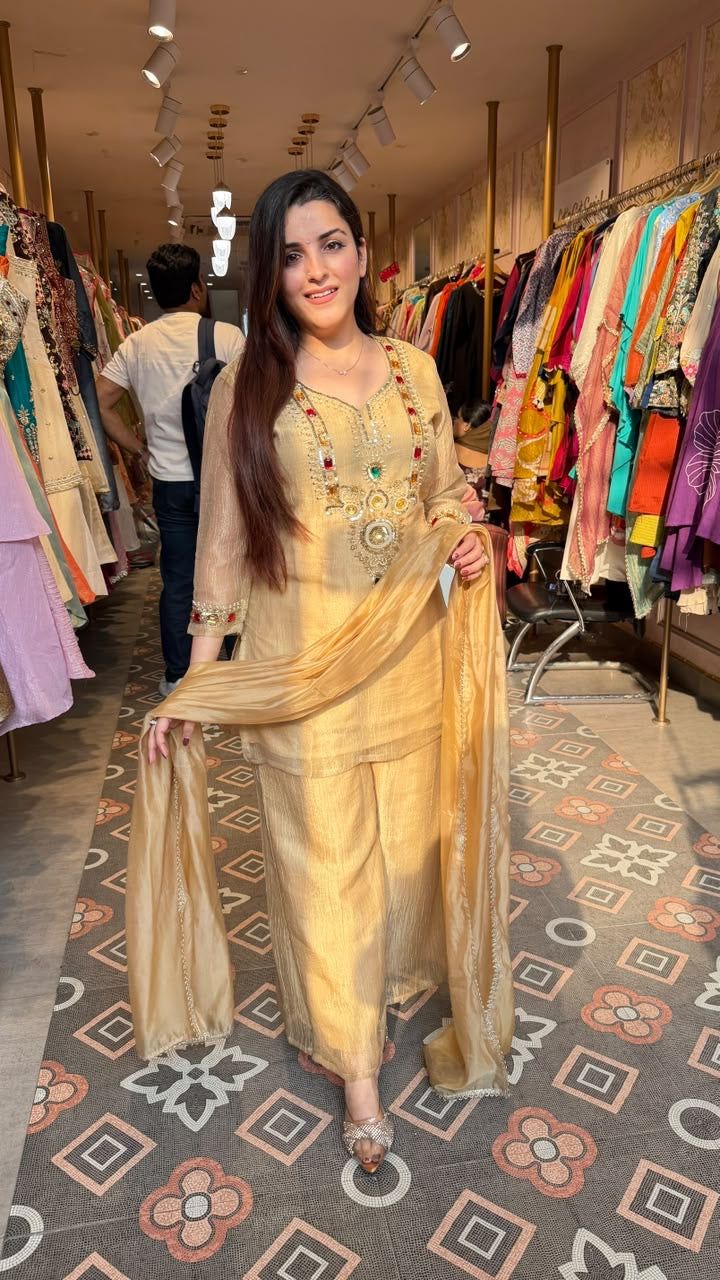 Champagne Gold Embroidered Straight-Cut Suit Set