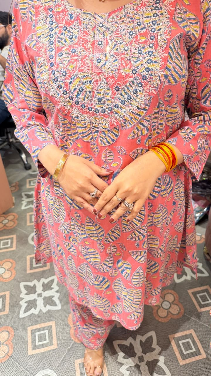 Coral Printed Straight Kurta with Printed Pants Set