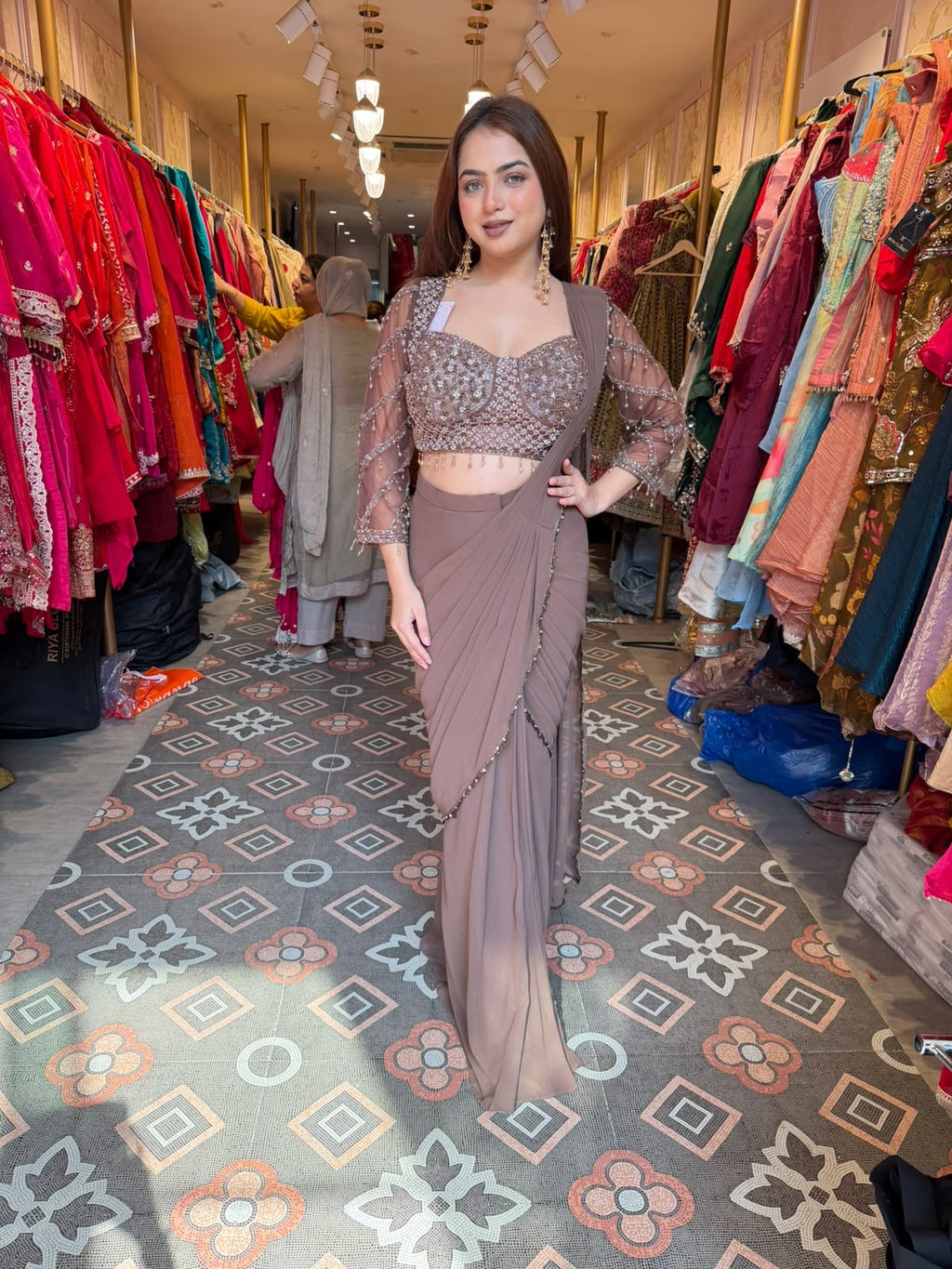 Elegant Pre-Draped Saree Gown with Embellished Blouse