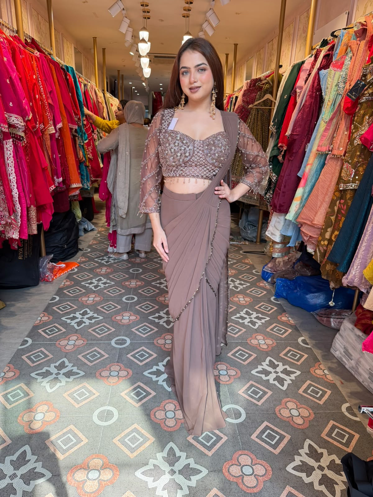 Elegant Pre-Draped Saree Gown with Embellished Blouse