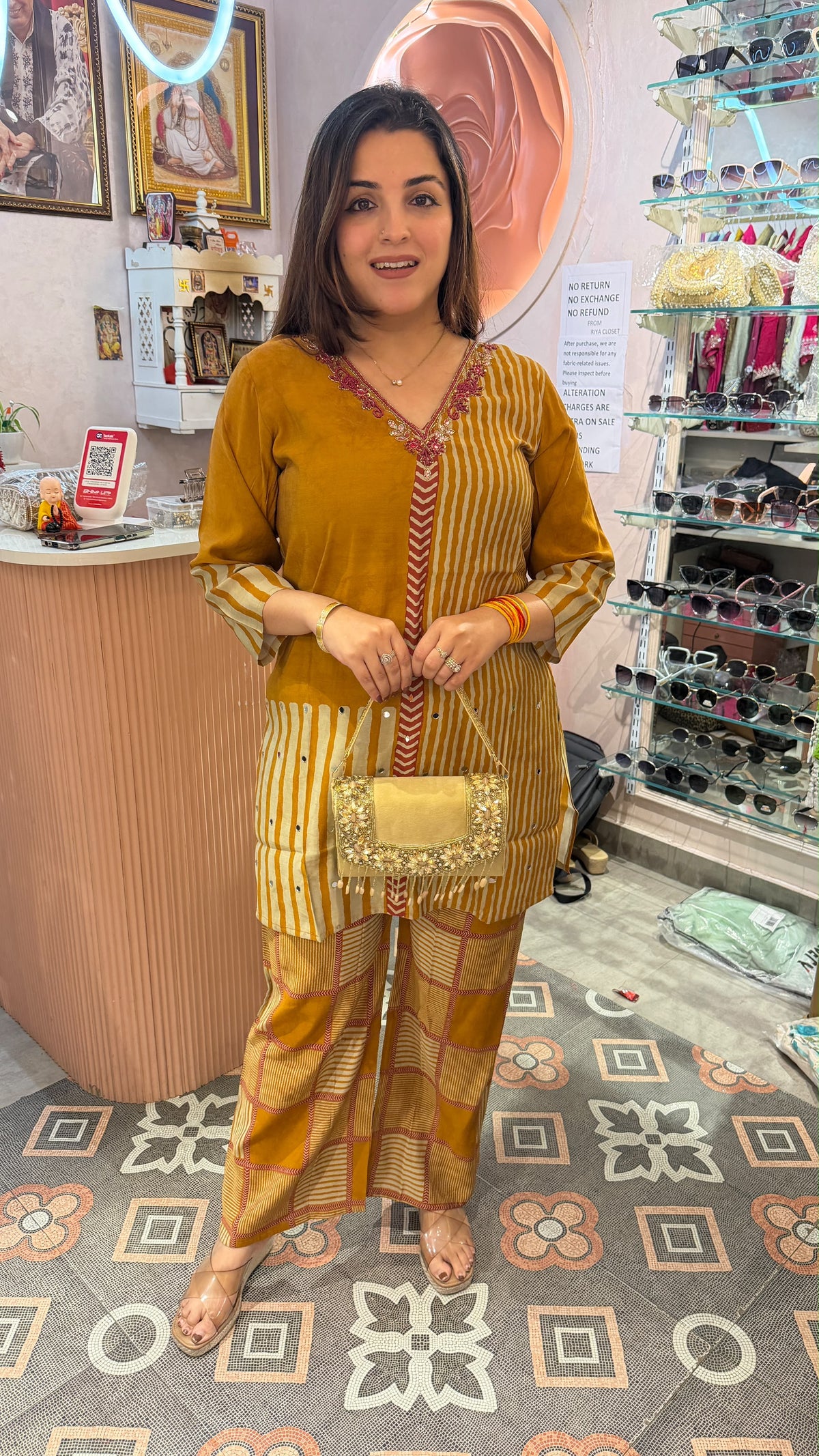 Mustard Yellow Striped Printed Kurta Pant Set