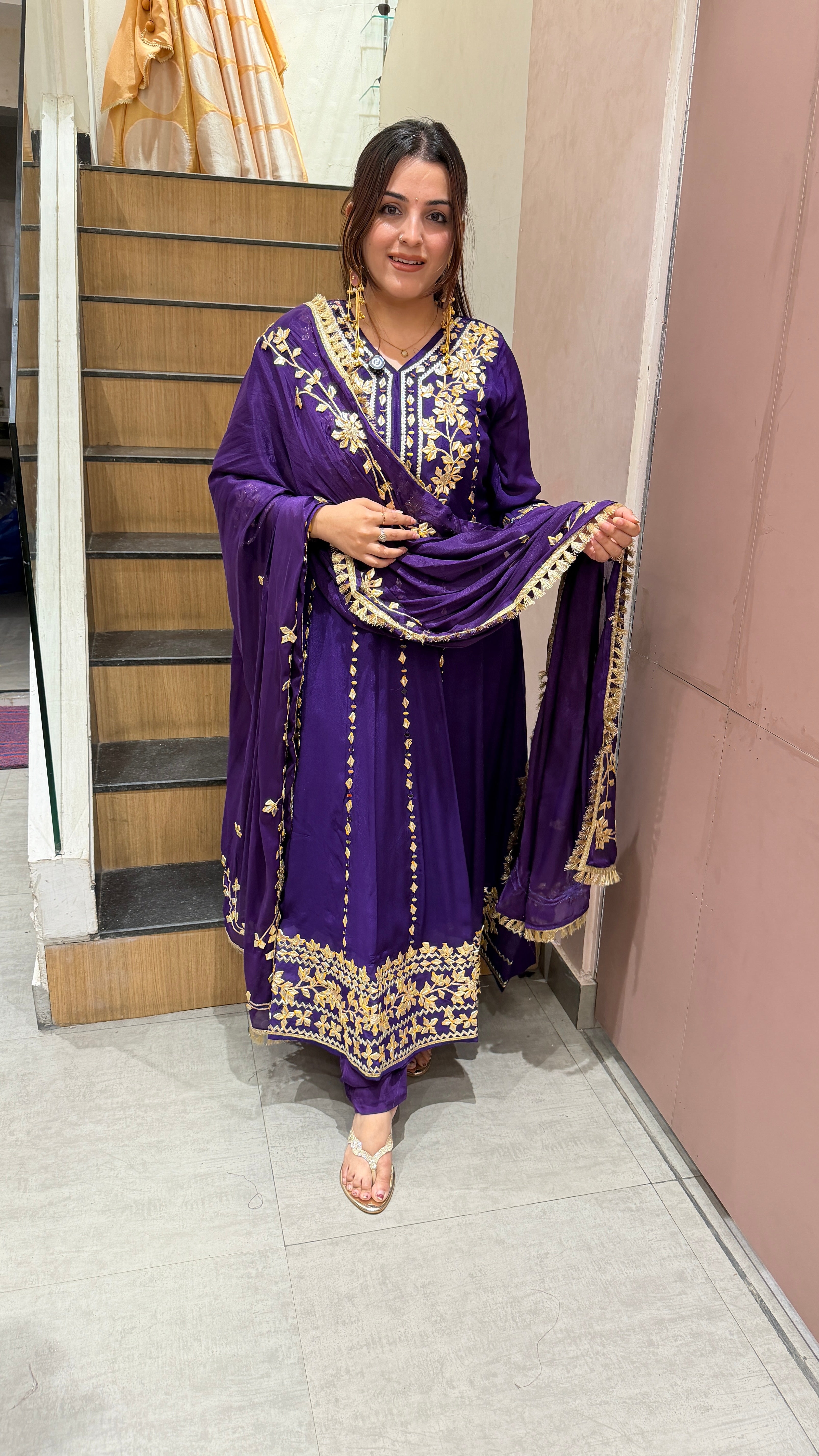 Royal Purple Gota Patti Embroidered Anarkali Suit Set with Dupatta