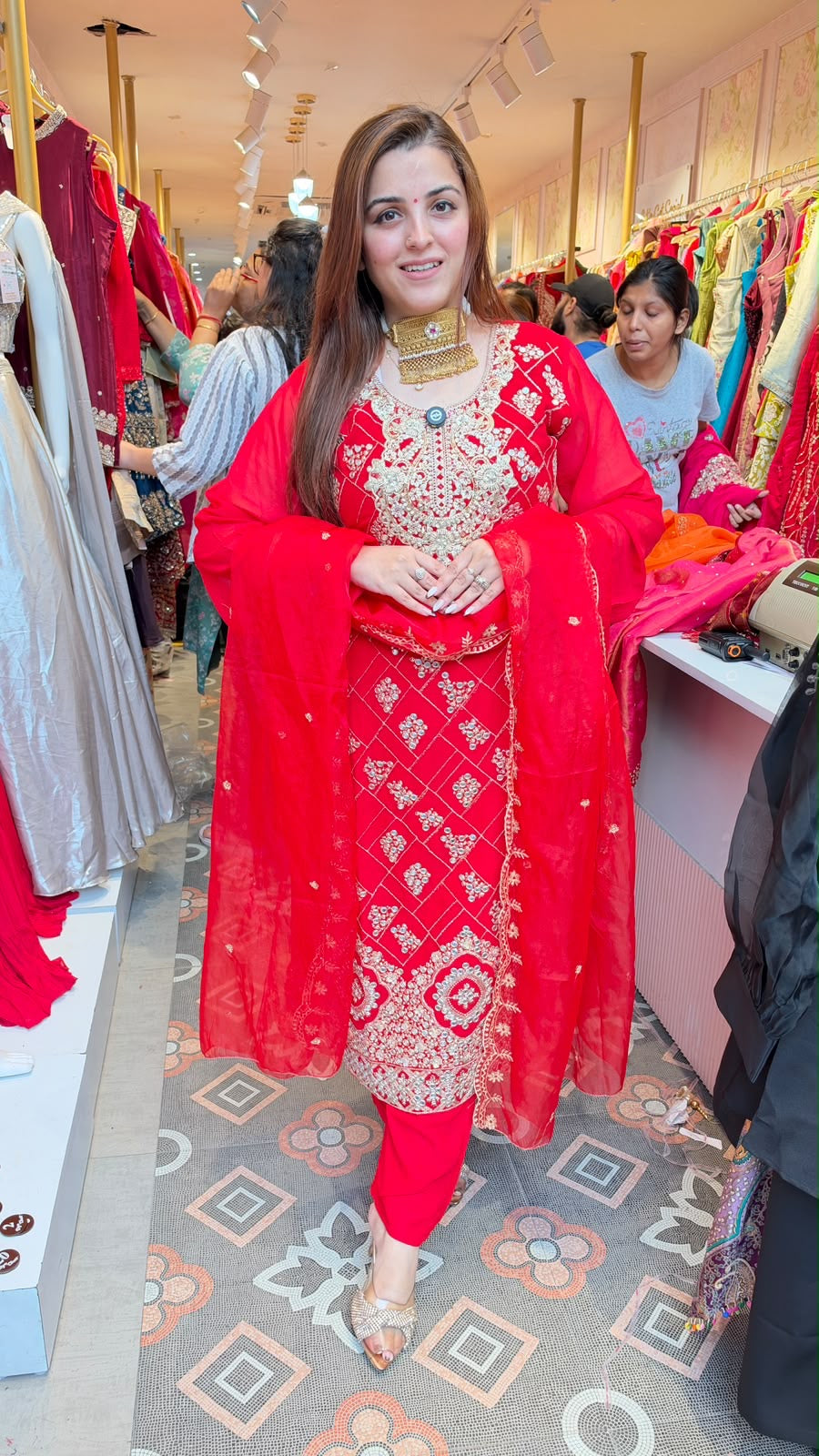 Red Heavy Embroidered Straight-Cut Suit Set