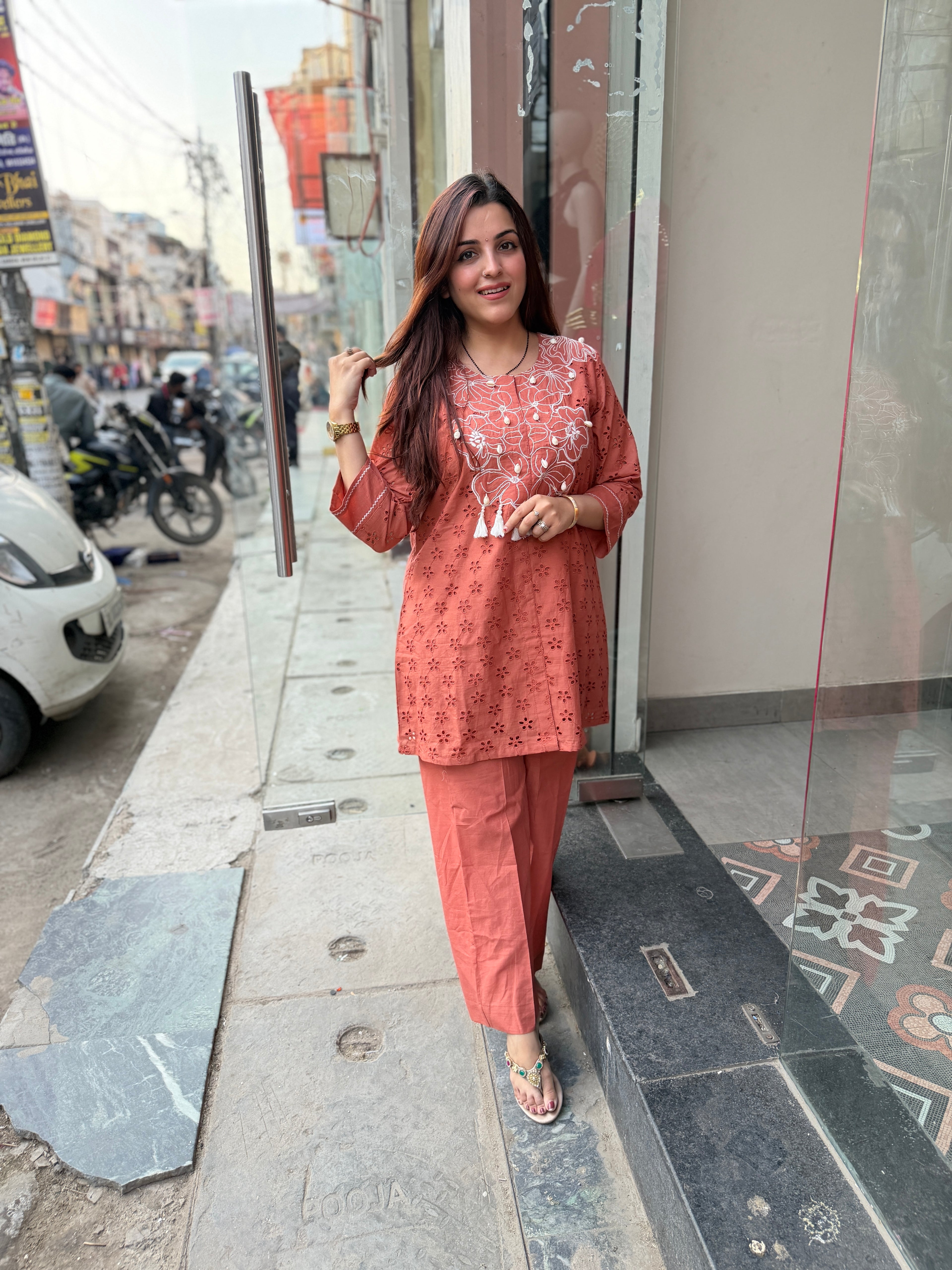 Rust cotton embroidered coord set