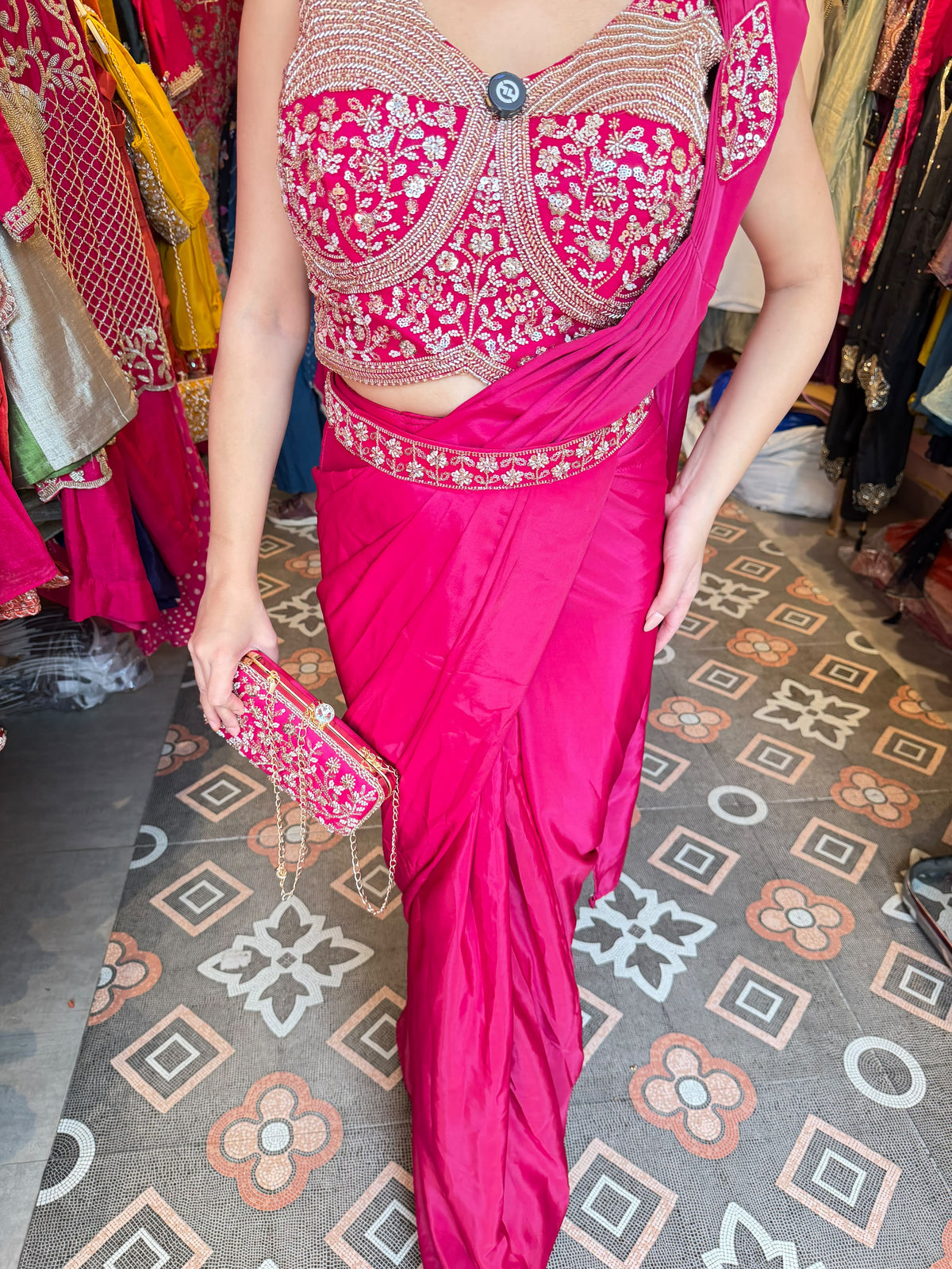 Hot Pink Embroidered Saree with Designer Corset Blouse