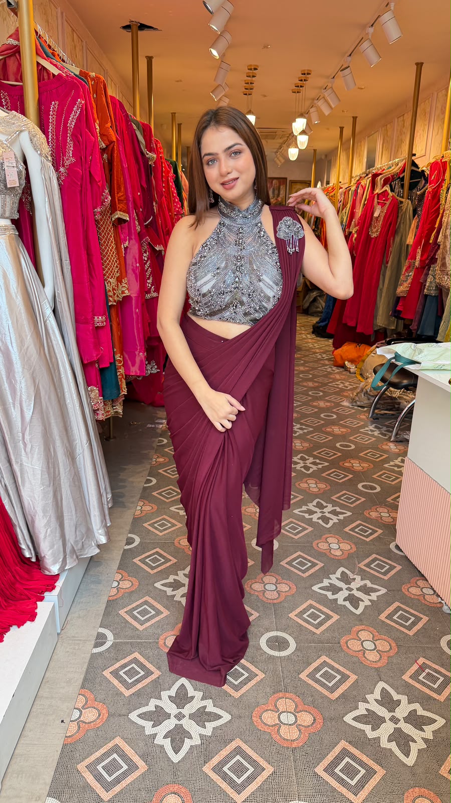 Pre-Draped Saree with Silver Crystal Embellished Halter-Neck Blouse
