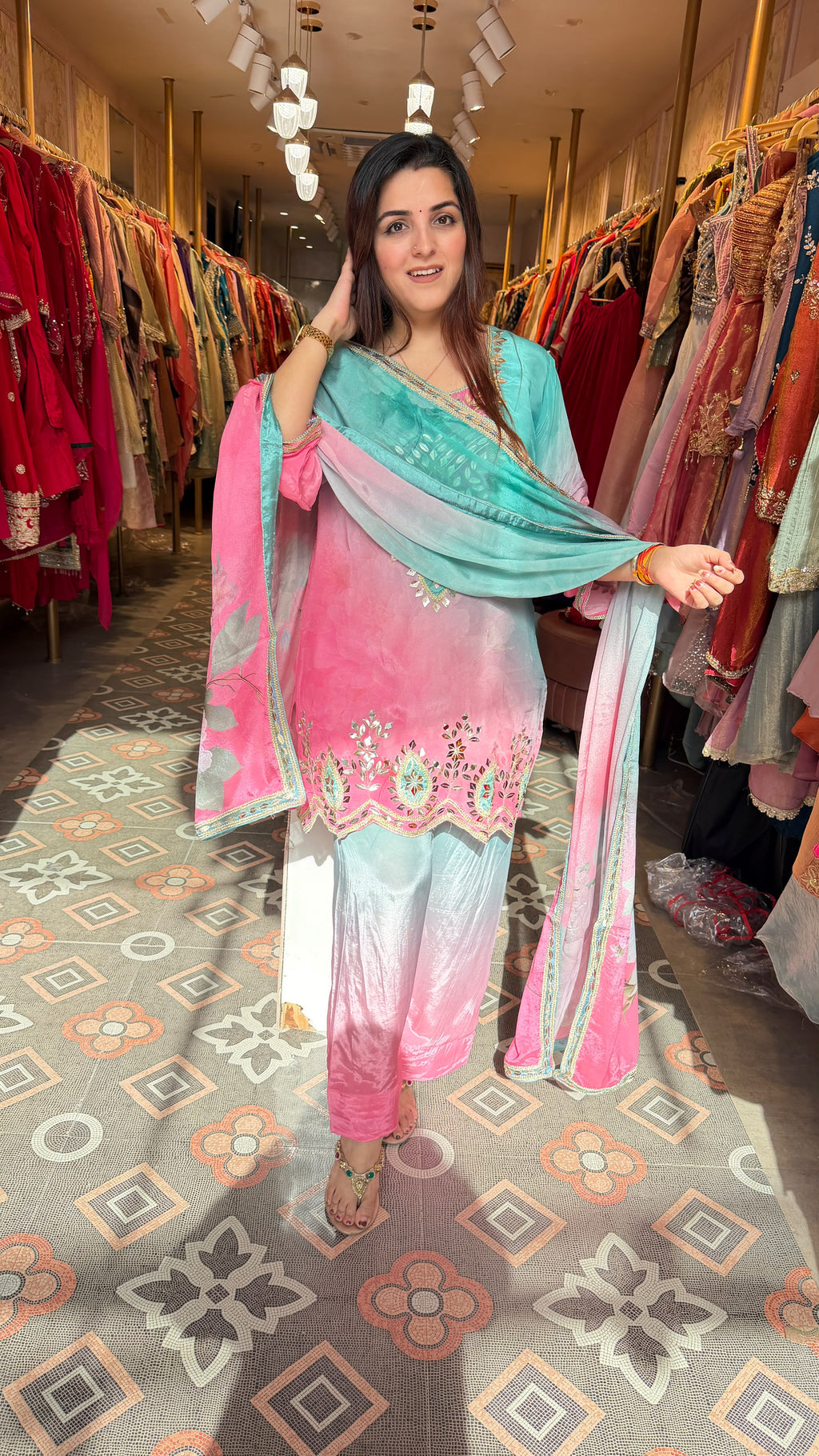 Elegant pink and blue shaded glass tissue ethnic suit
