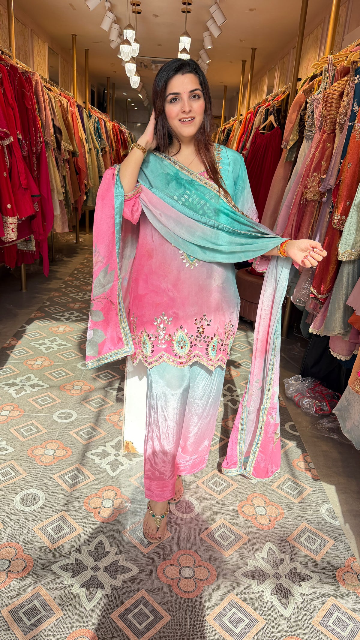 Elegant pink and blue shaded glass tissue ethnic suit