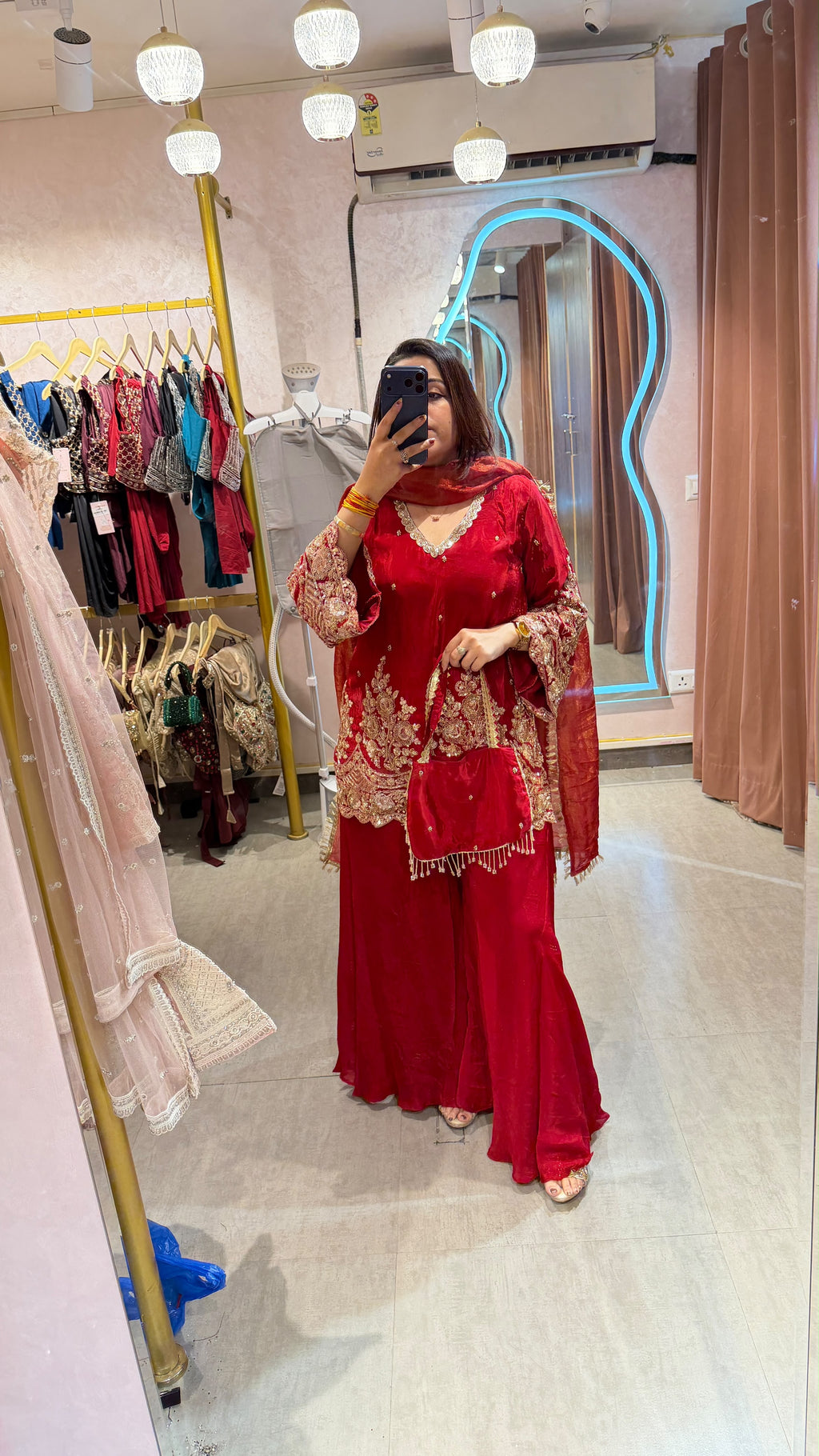 Red Embroidered Straight Kurta with Palazzo Pants & Dupatta Set