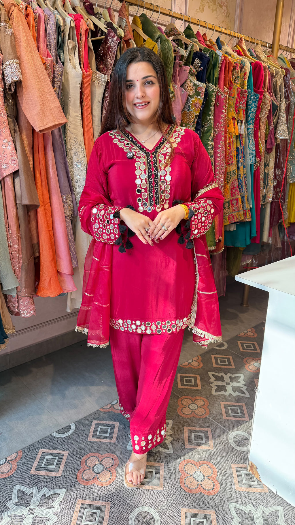 Fuchsia Pink Mirror-Work Kurta with Cigarette Pants Set
