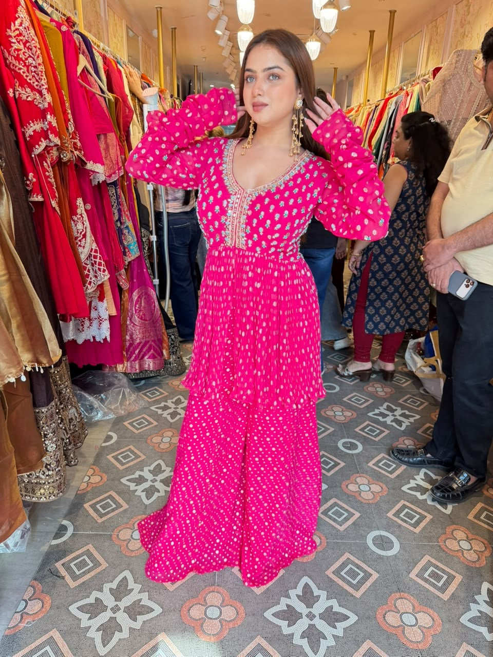 Hot Pink Embroidered Peplum Sharara Suit