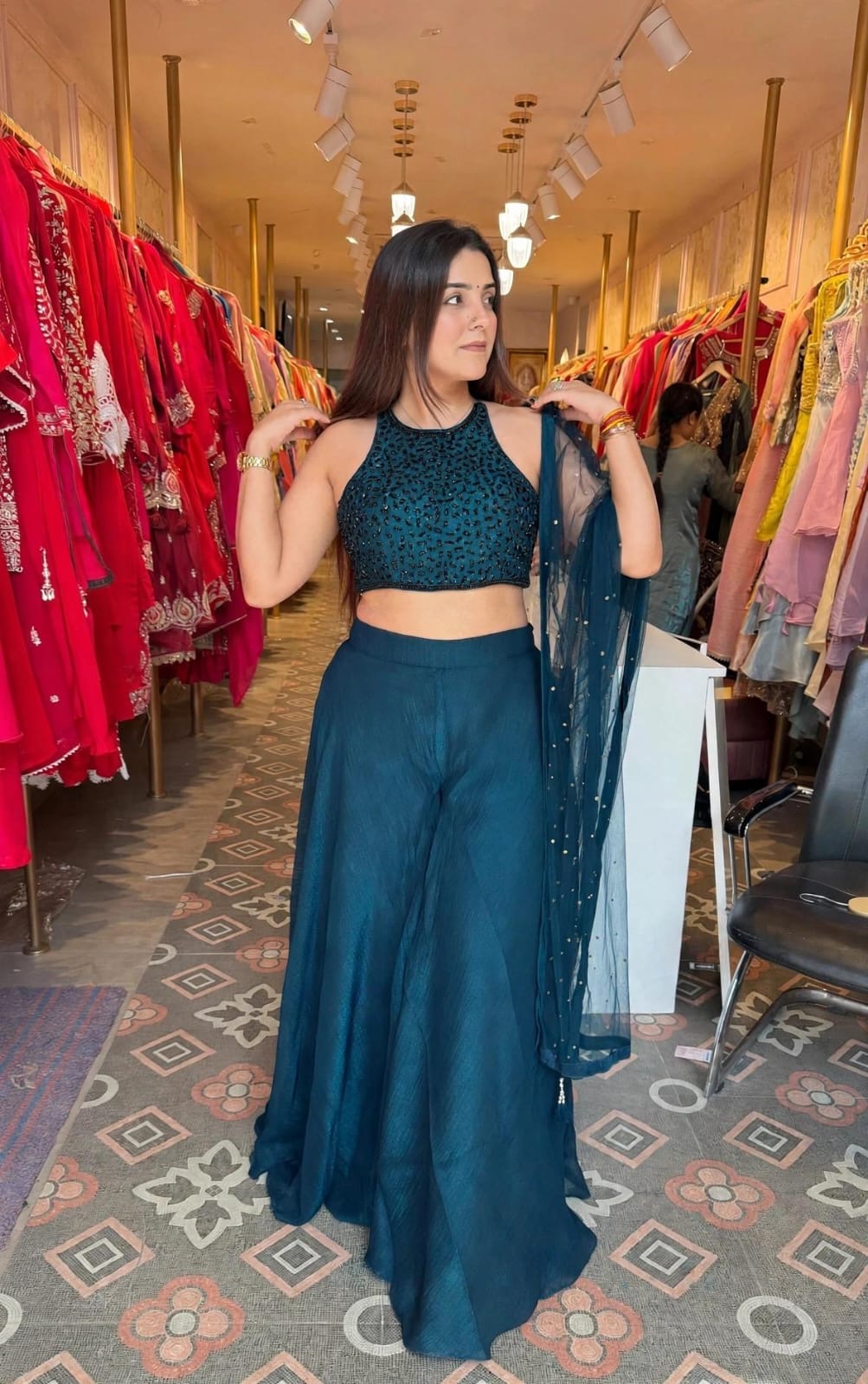 Embellished Crop Top with Flared Palazzo Lehenga Set