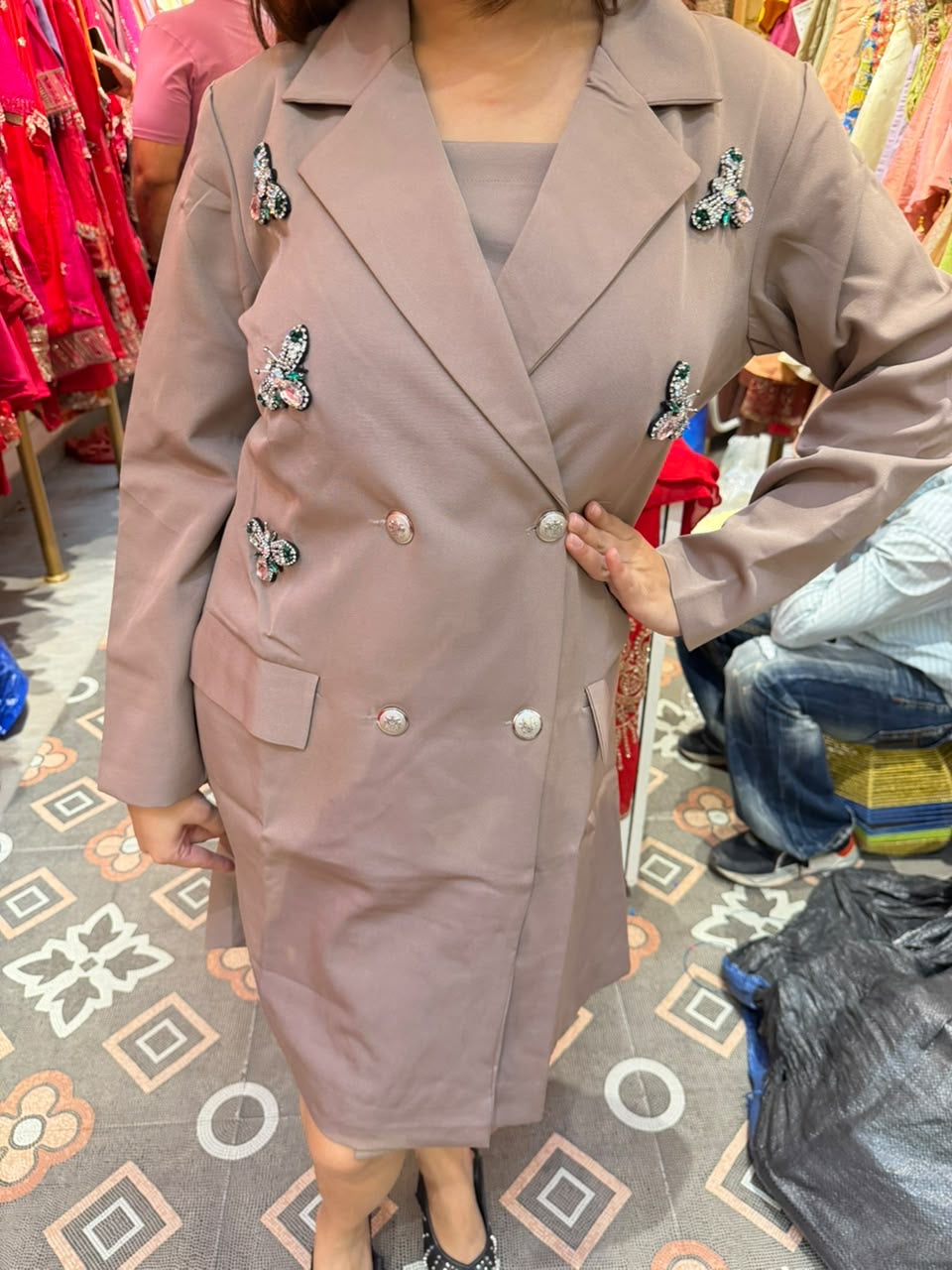 Taupe Embellished Double-Breasted Blazer Coat