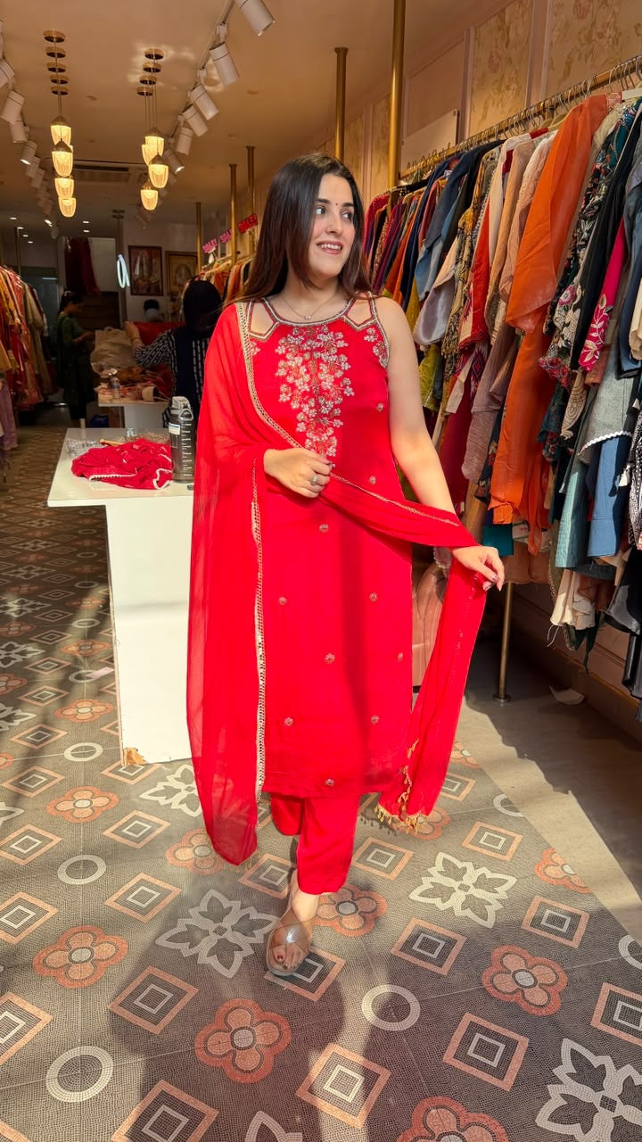 Bright Red Embroidered Straight-Cut Suit