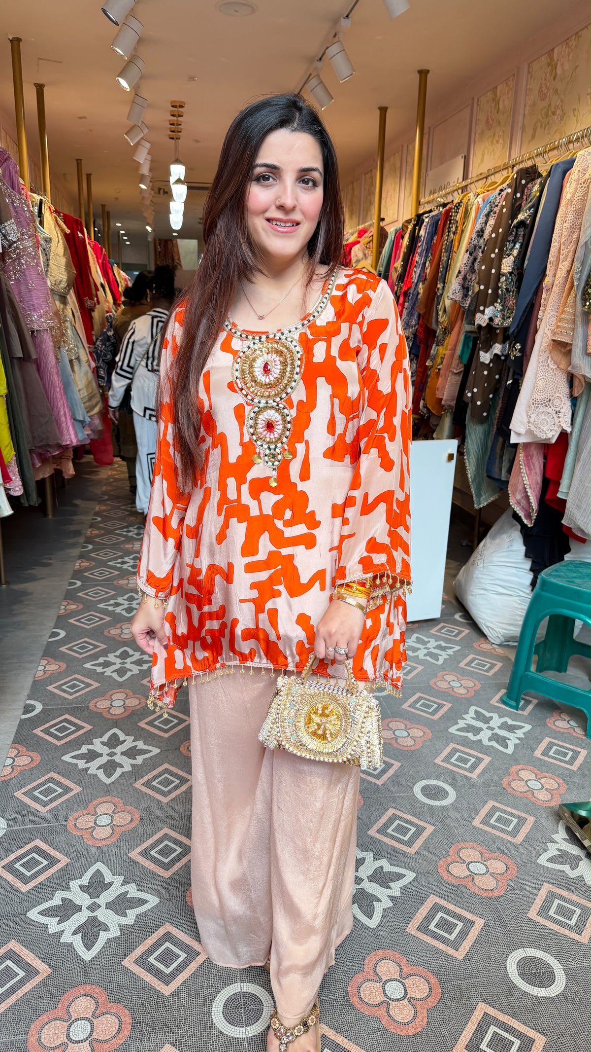 Orange & Peach Printed Short Kurta with Straight Pants Set