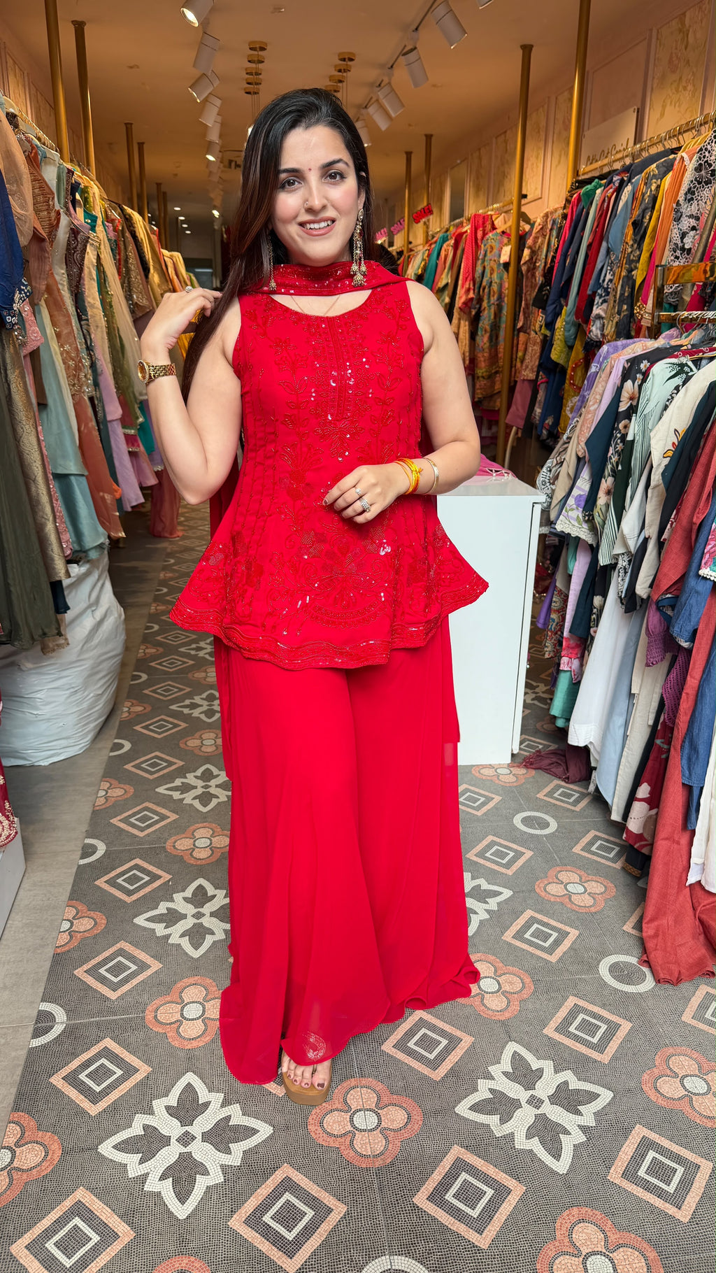 Red Embellished Indo-Western Peplum Gown / Palazzo Set