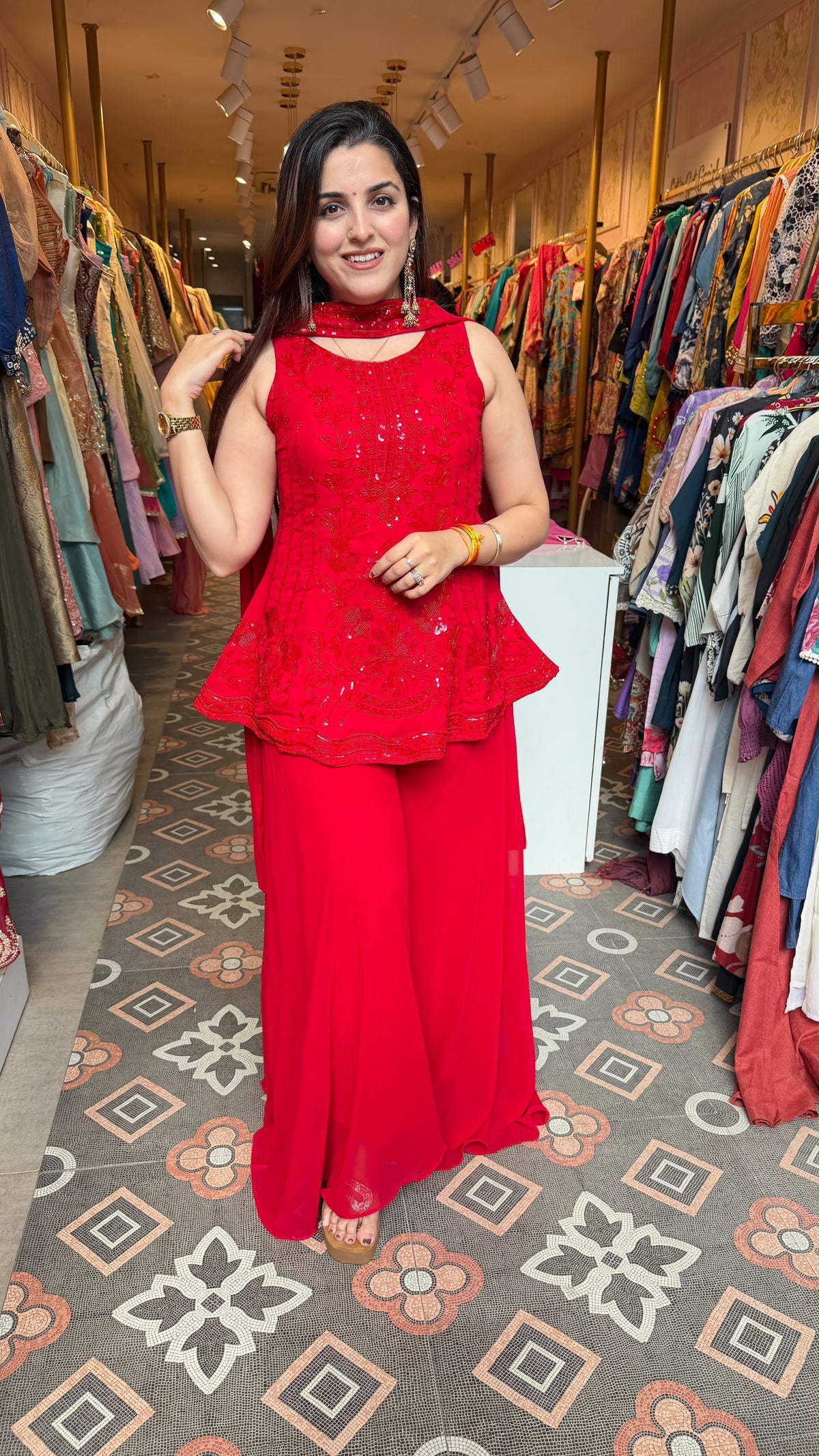 Red Embellished Indo-Western Peplum Gown / Palazzo Set