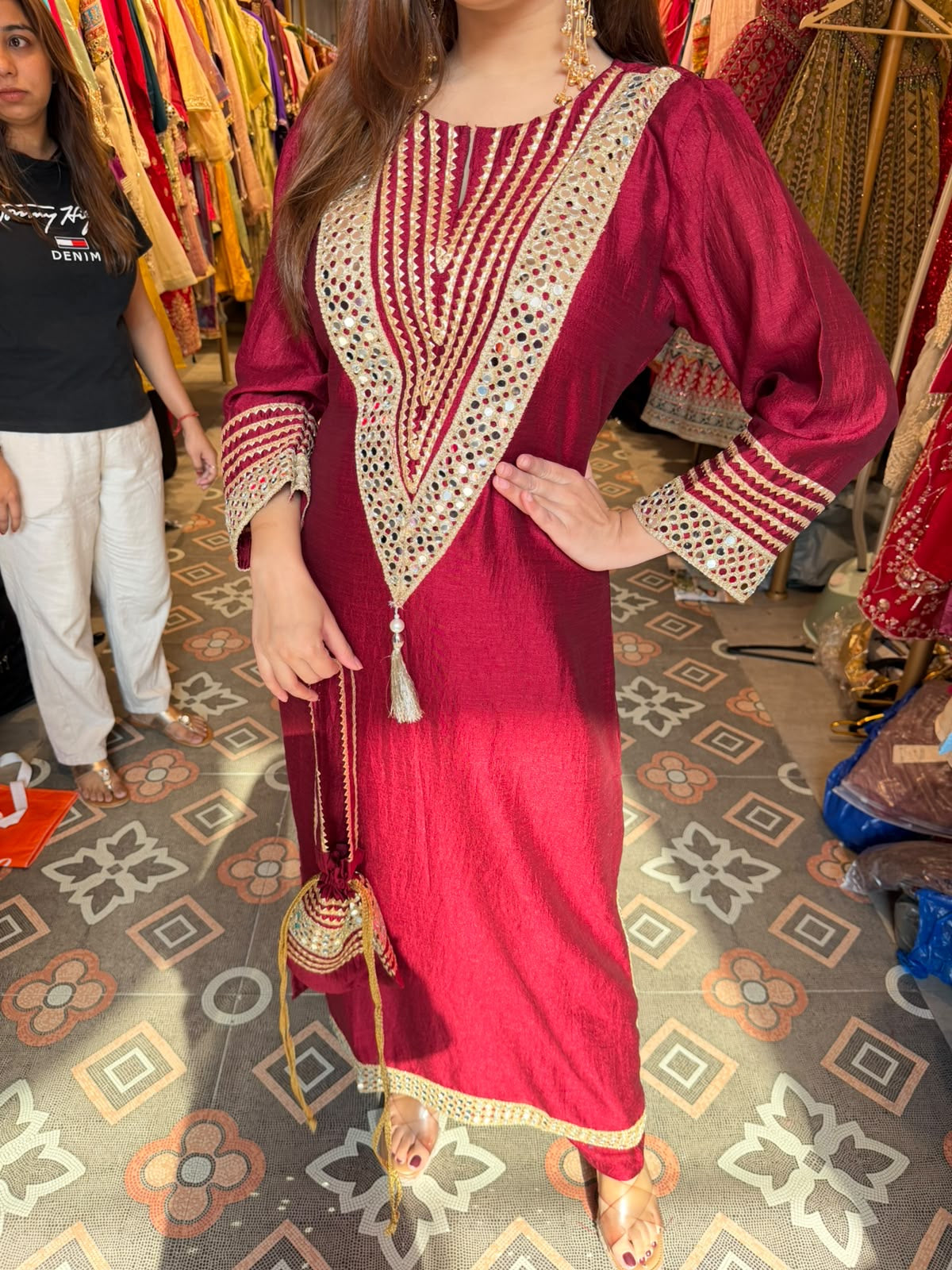 Embellished Straight Kurta Set with Tassel