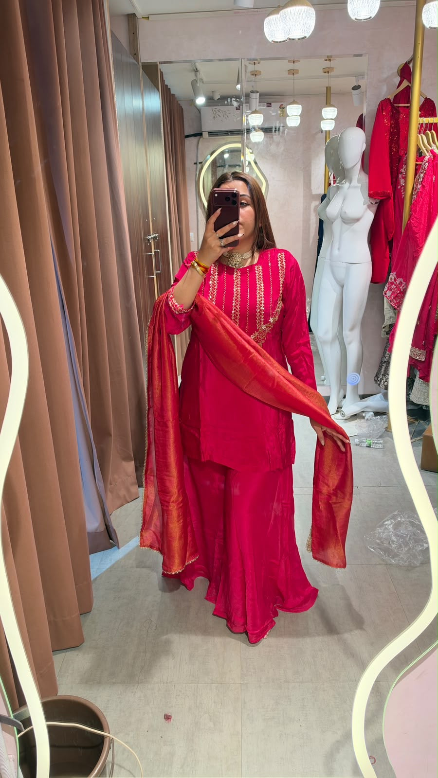Wine Maroon Embroidered Punjabi Suit with Silk Dupatta