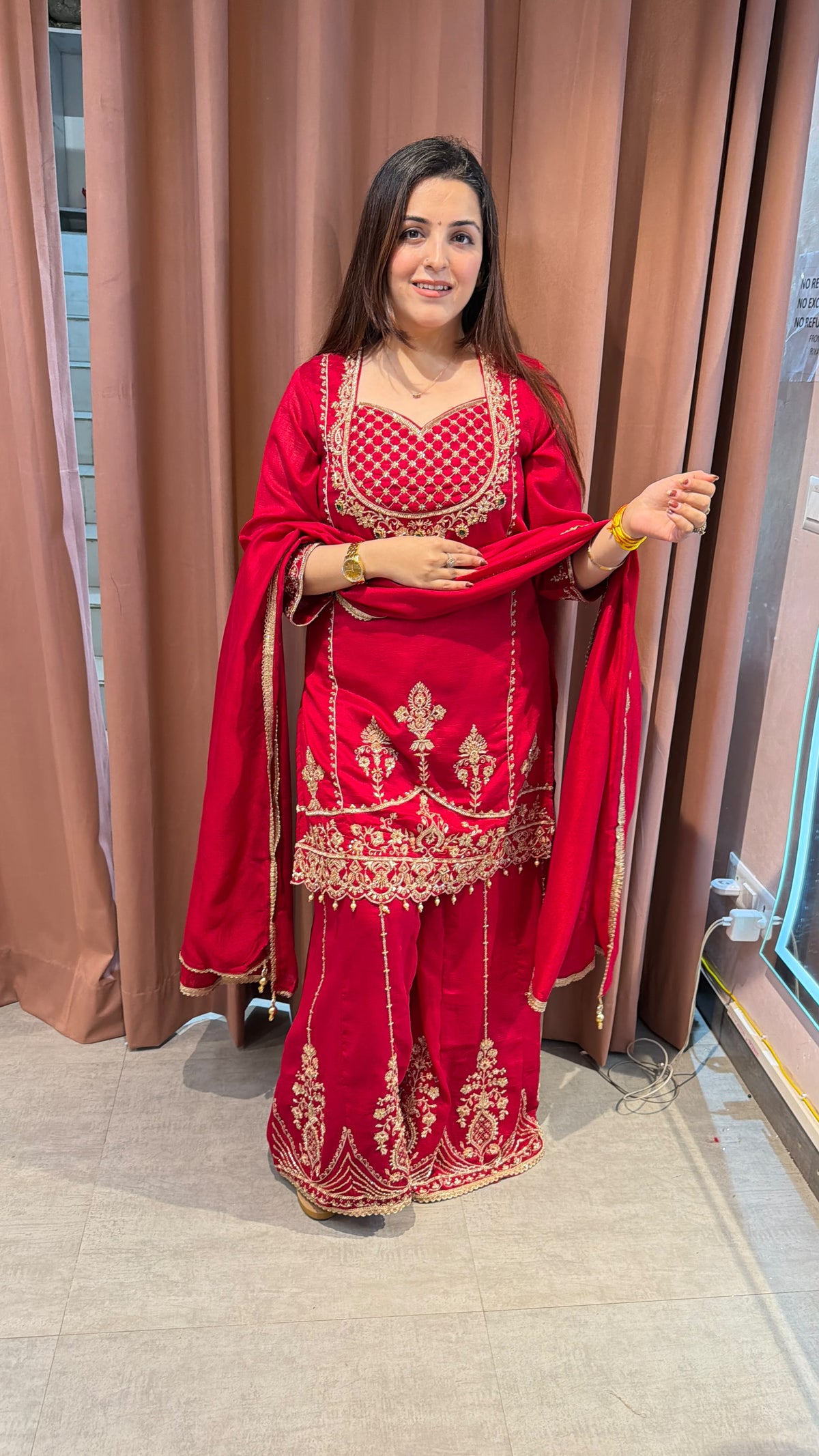 Embroidered Red Velvet-Style Peplum Gharara Set