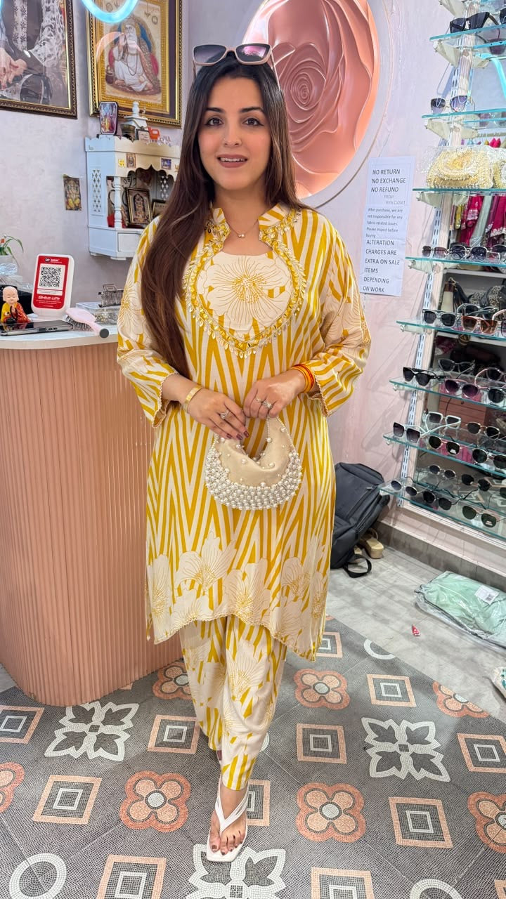 Mustard Yellow Printed Straight Kurta Set with Cigarette Pants