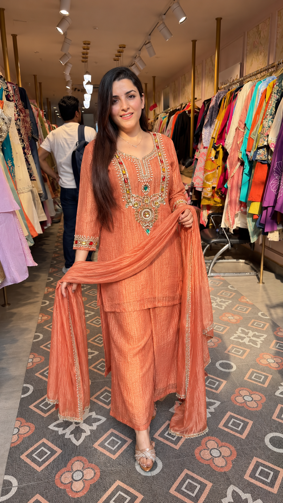 Champagne Gold Embroidered Straight-Cut Suit Set