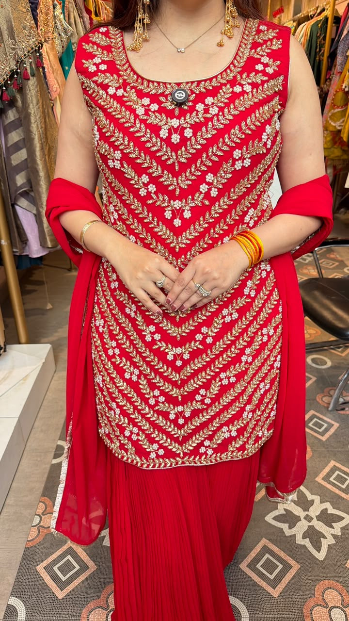 Red Embroidered Straight Kurta with Pleated Palazzo Pants & Dupatta Set