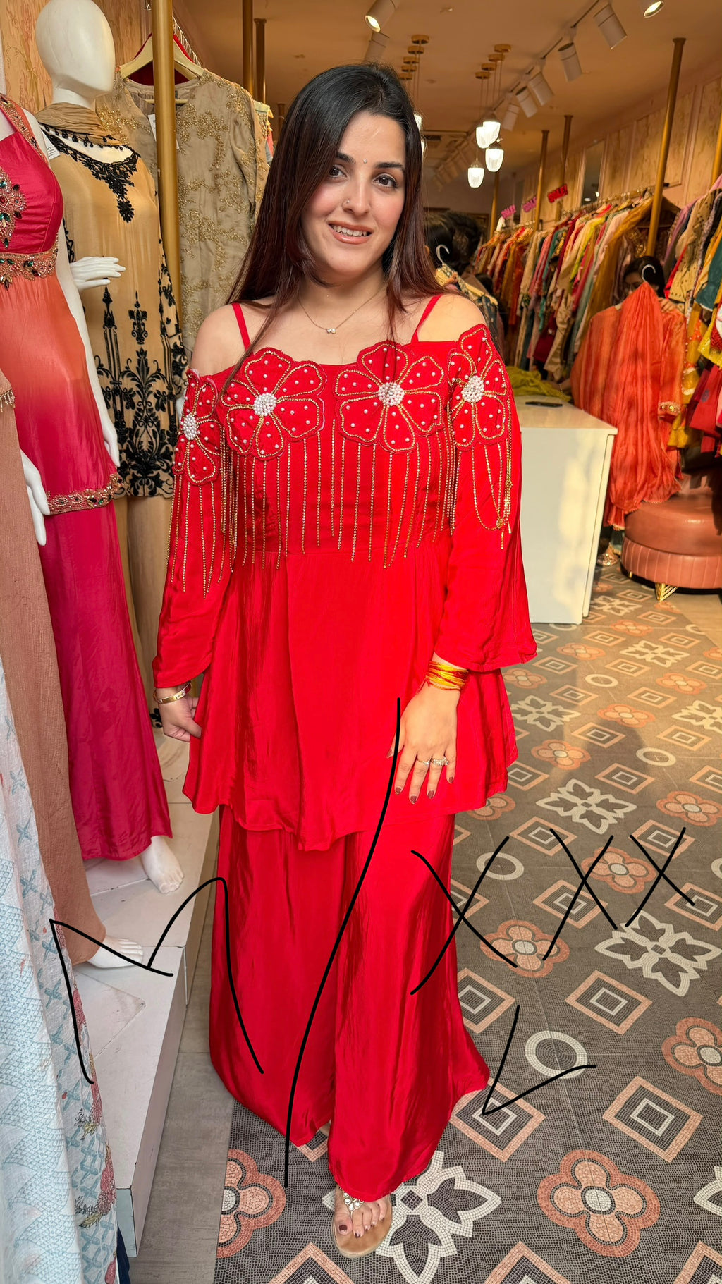 Off-Shoulder Embellished Peplum Sharara Set