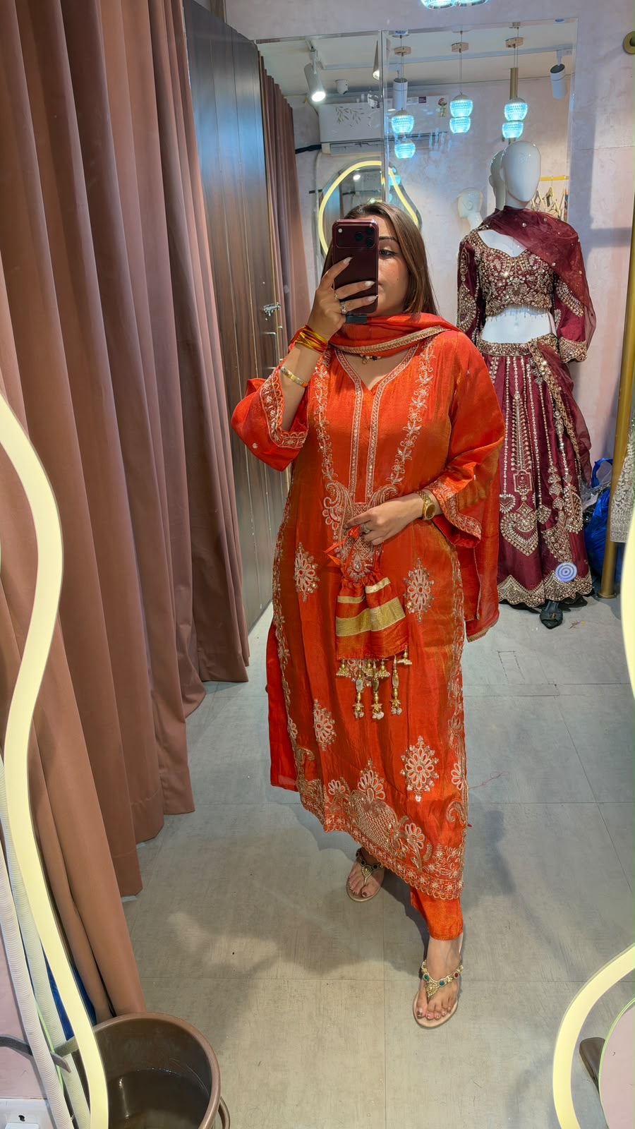 Traditional Orange Embroidered Straight-Cut Suit with Matching Dupatta
