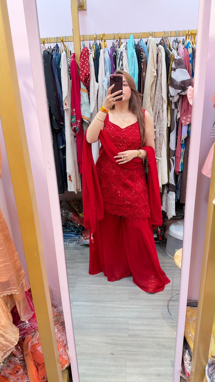Red Embroidered Sharara Suit with Sleeveless Kurti and Dupatta